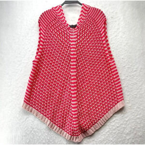 BCBGMAXAZRIA Poncho Sweater Women's Sz L Pink White Sleeveless Hooded Open Knit